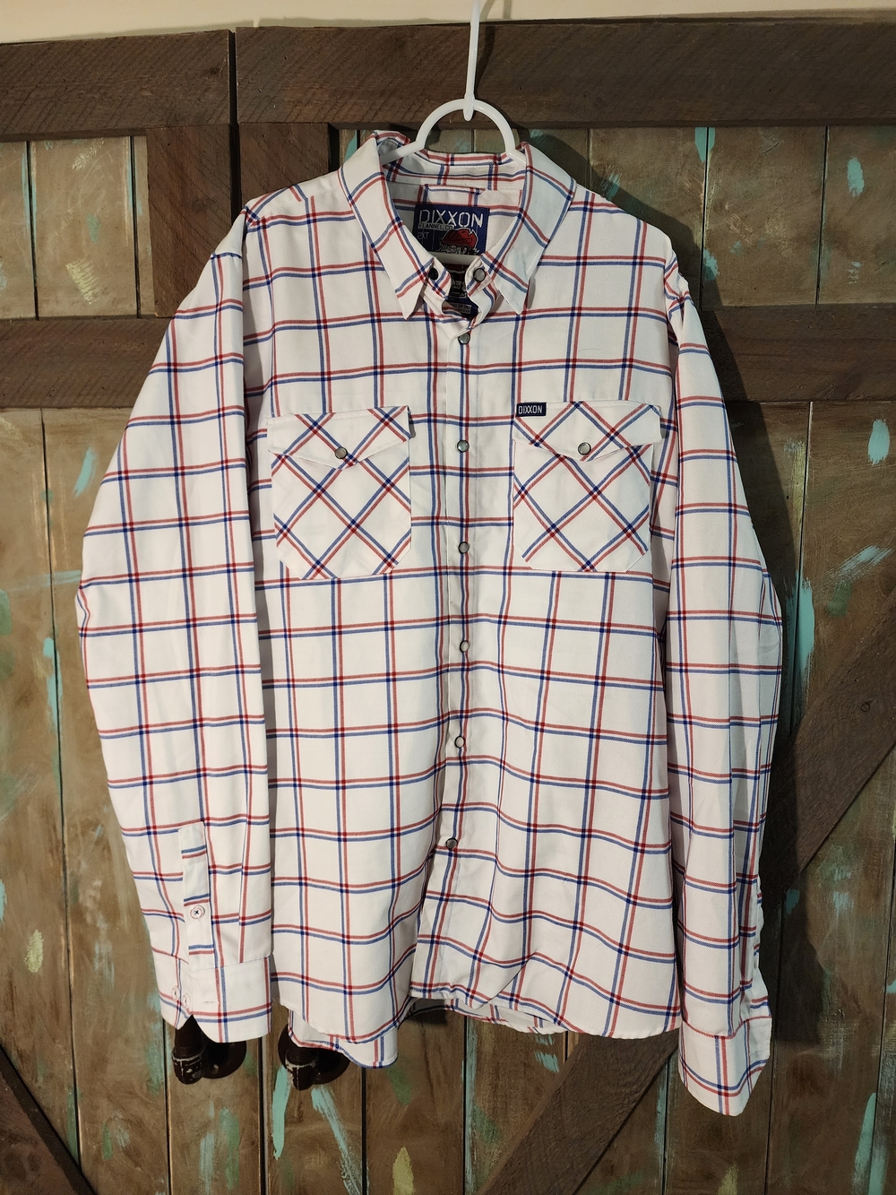 DIXXON White Button-Down Plaid Shirt with Red & Blue Lines [Cross Check]